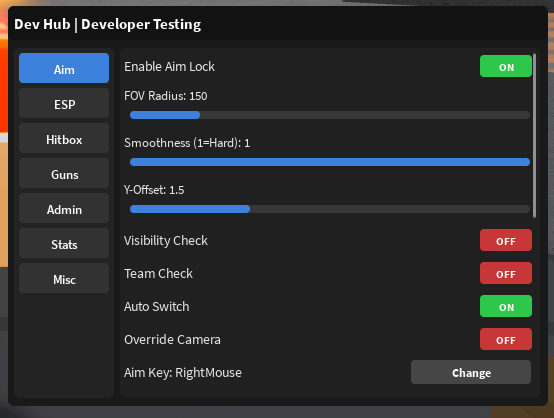 Dev Hub Fluxo Pvp Aim lock and Developer testing